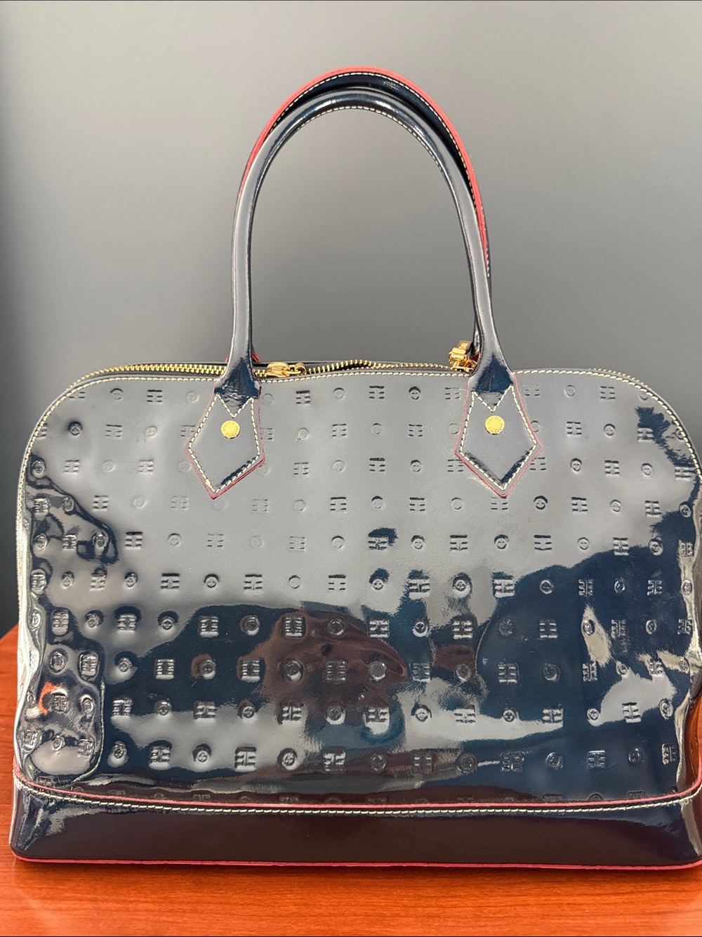 Arcadia Navy Patent Satchel with Red Trim